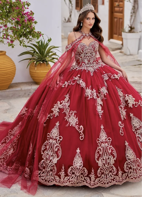 Model wearing a red Morilee Quinceañera dresses